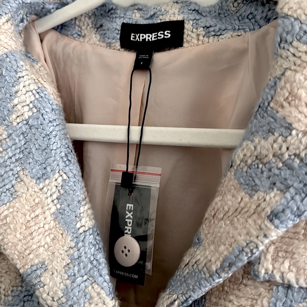 NWT Express Blue and Cream Houndstooth Tweed Cropped Jacket | Size Small - Picture 3 of 9